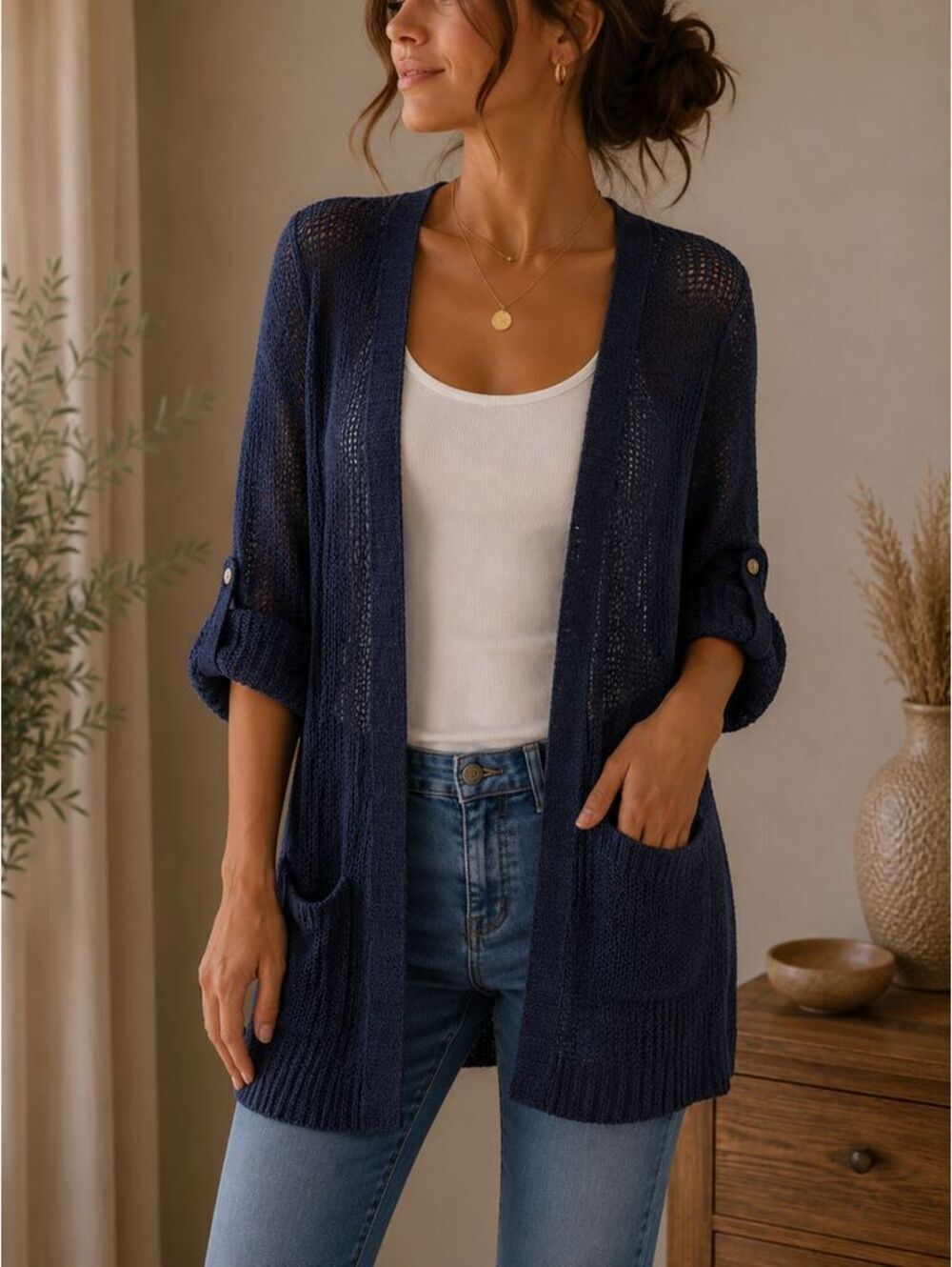 Apt. 9 Open Knit Cardigan Roll-Tab Sleeve Lightweight Layering Pockets M